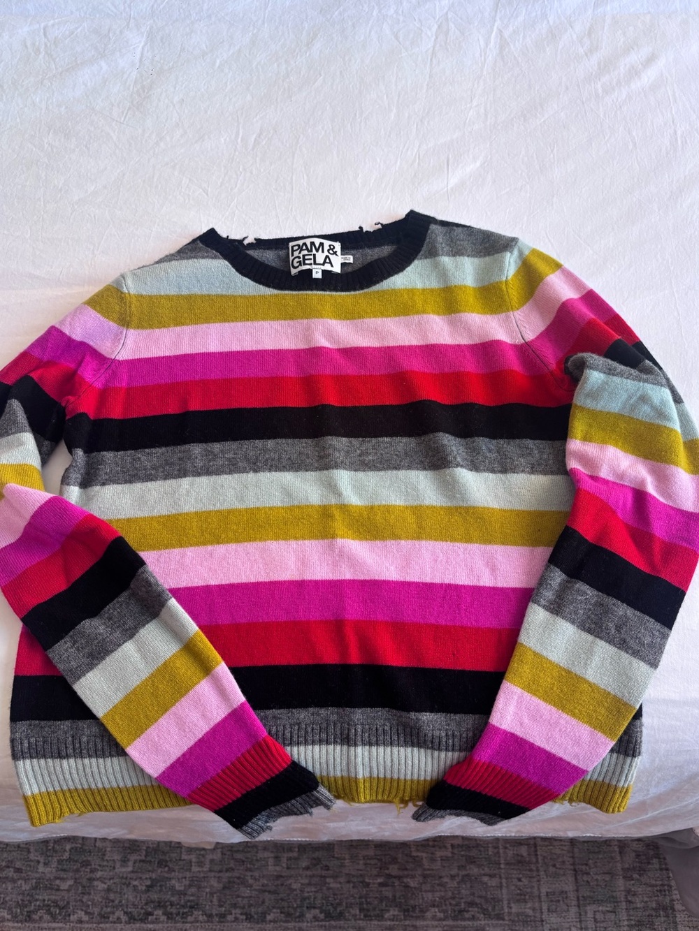 Pam & Gela Striped Crewneck Sweater in Pink, Red, Black & Olive
